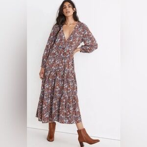 Madewell Floral V-Neck Tiered Midi Dress